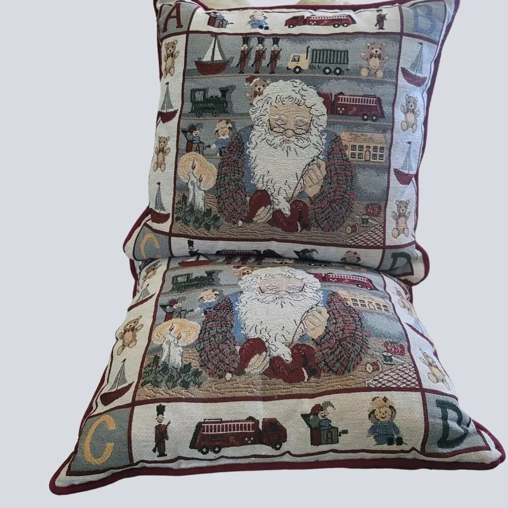 Vintage Christmas Santa Claus Toy Shop Holiday Home Decorative Pillows Set of 2